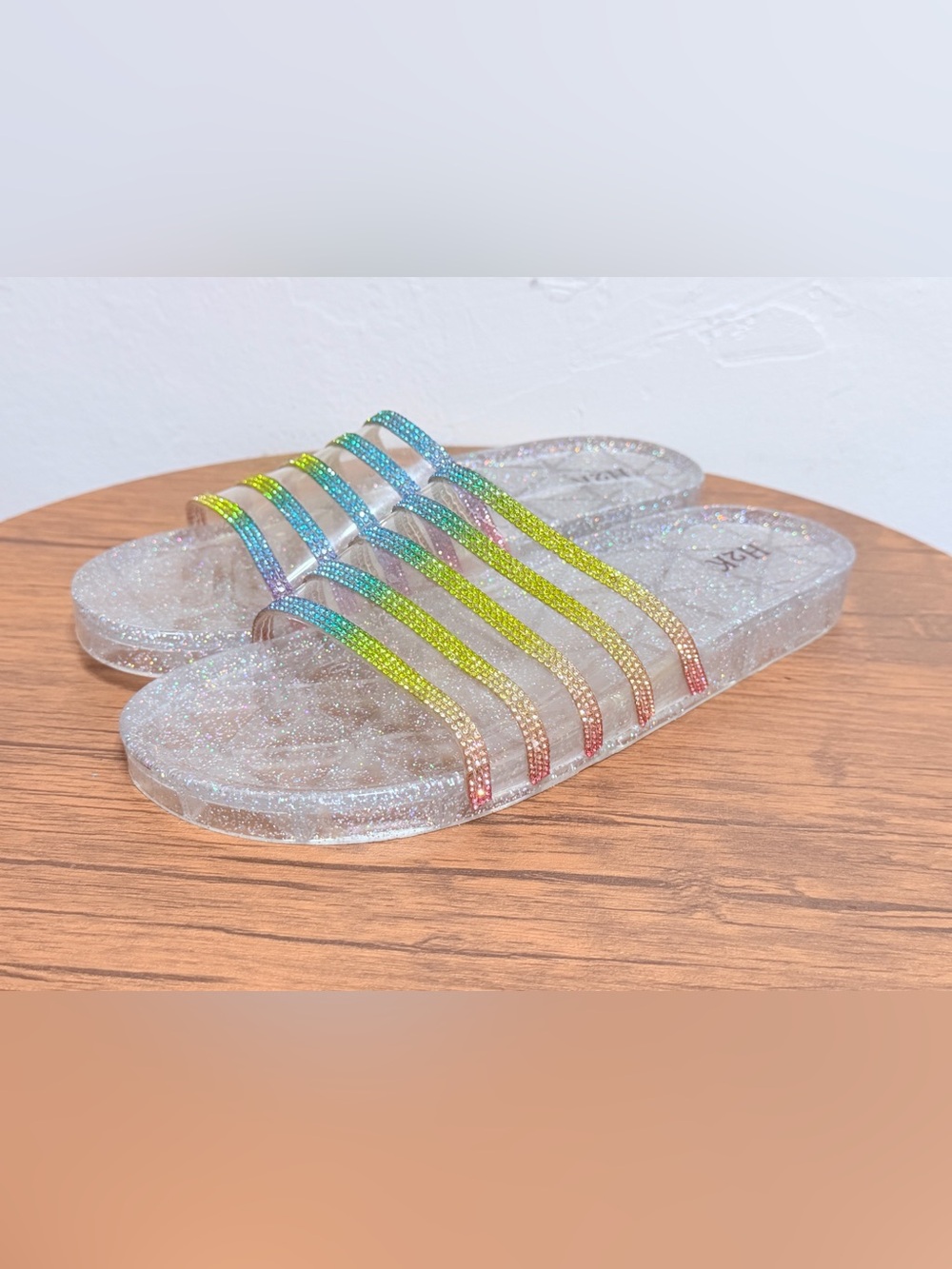 H2K Glitter Jelly Slide Sandals with Rainbow Straps Size 10